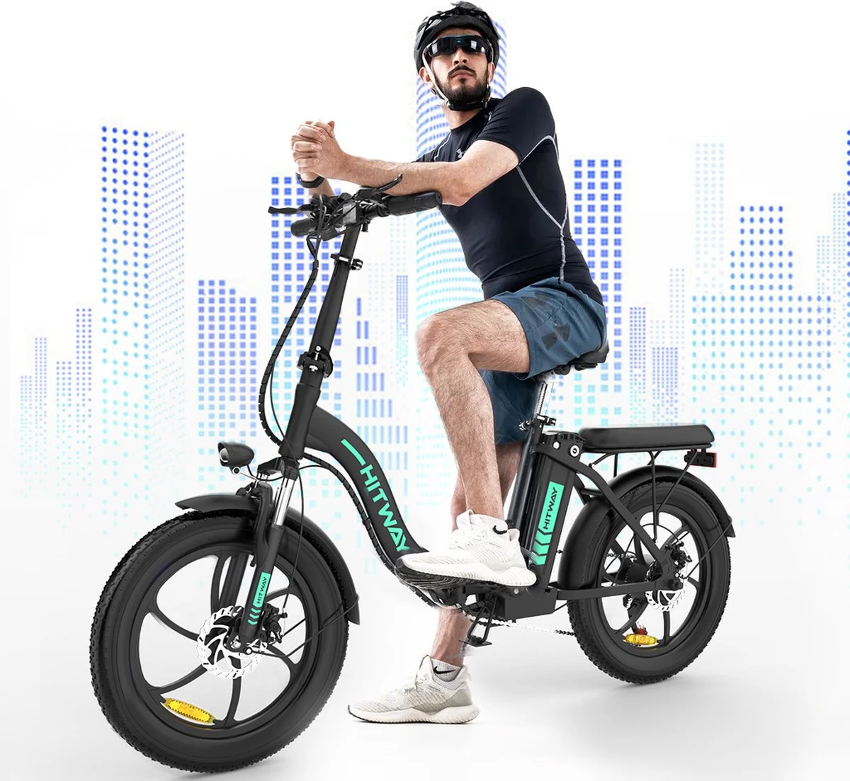 HITWAY E-Bike Elektrische Fiets 20 Inch Fat Tire E-Bicycle Vouwfiets, 250 W, 11,2 Ah Accu, Max. Bereik Tot 35-90 Km, Offroad-mountainbike Met Shimano 7-versnellingen, City EBike Met Slot,Groen Zwart 3 HITWAY E-Bike Elektrische Fiets 20 Inch Fat Tire E-Bicycle Vouwfiets, 250 W, 11,2 Ah Accu, Max. Bereik Tot 35-90 Km, Offroad-mountainbike Met Shimano 7-versnellingen, City EBike Met Slot,Groen Zwart