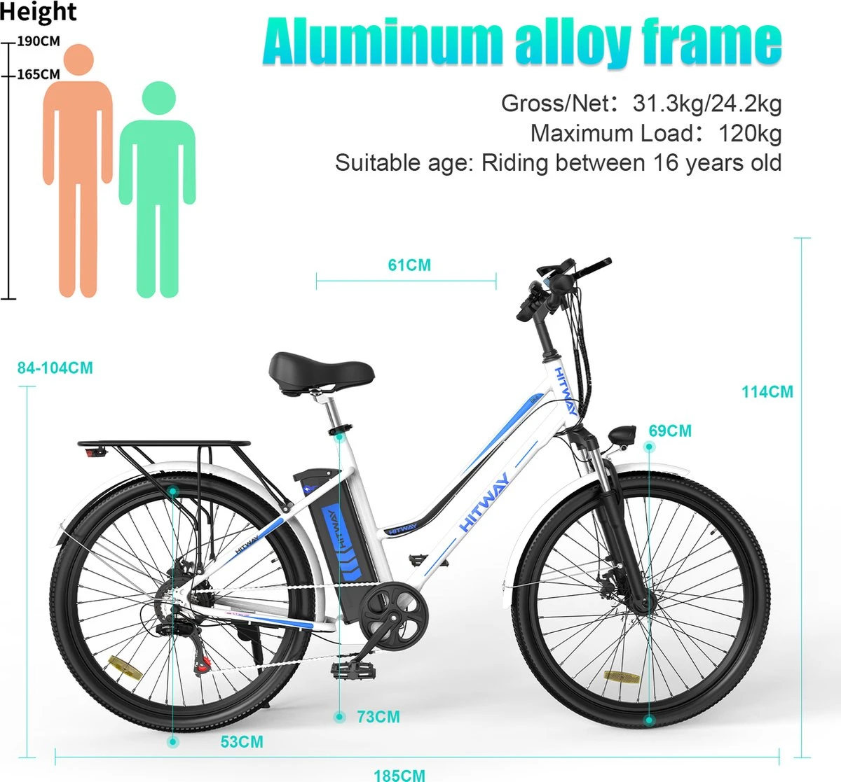 HITWAY Elektrische Fiets Voor Volwassenen | Ebikes Fietsen Stadsfiets | 250W 36V Motor | 7 VERSNELLINGSSYSTEE | 26 Inch - Wit 5 HITWAY Elektrische Fiets Voor Volwassenen | Ebikes Fietsen Stadsfiets | 250W 36V Motor | 7 VERSNELLINGSSYSTEE | 26 Inch - Wit - Image 3