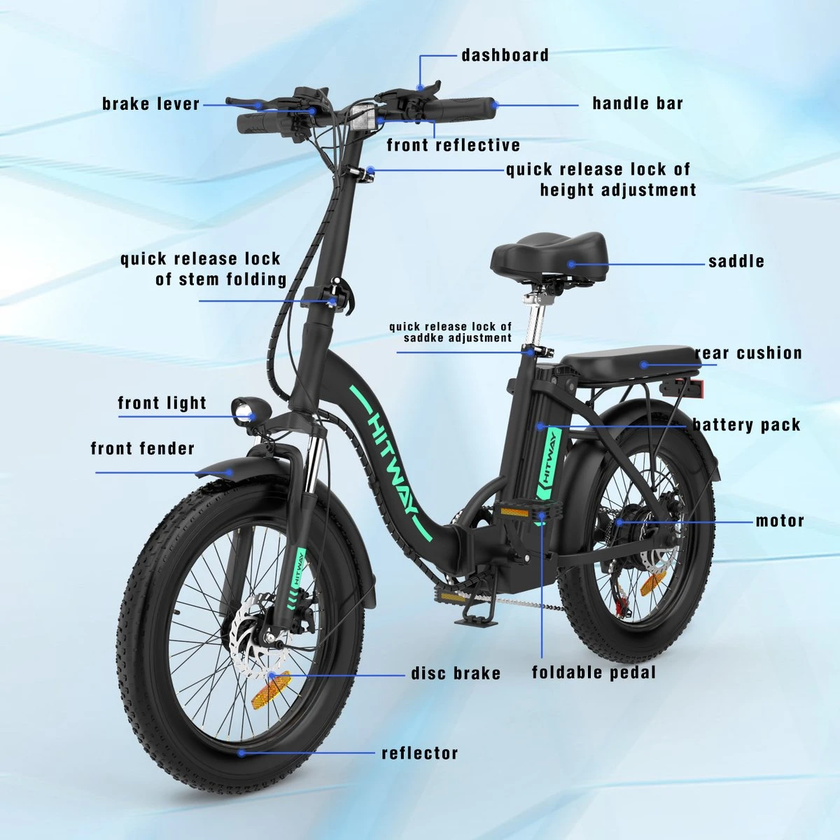 HITWAY E-Bike Elektrische Fiets 20 Inch Fat Tire E-Bicycle Vouwfiets, 250 W/36 V/11,2 Ah Accu, Max. Bereik Tot 35-90 Km, Offroad-mountainbike Met Shimano 7-versnellingen, City EBike Met Slot 7 HITWAY E-Bike Elektrische Fiets 20 Inch Fat Tire E-Bicycle Vouwfiets, 250 W/36 V/11,2 Ah Accu, Max. Bereik Tot 35-90 Km, Offroad-mountainbike Met Shimano 7-versnellingen, City EBike Met Slot - Image 6