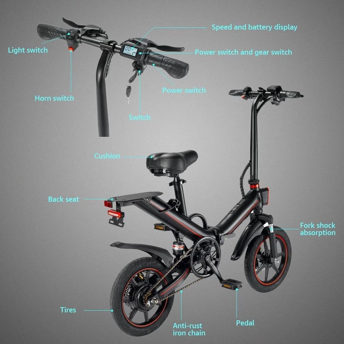 OUXI - V5 - 16 Inch - Elektrische Fiets - E Bike - Elektrische Vouwfiets - APP IOS/ Android - 500W Motor - 15Ah Lithuim Ion Batterij - Zwart 11 OUXI - V5 - 16 Inch - Elektrische Fiets - E Bike - Elektrische Vouwfiets - APP IOS/ Android - 500W Motor - 15Ah Lithuim Ion Batterij - Zwart - Image 9