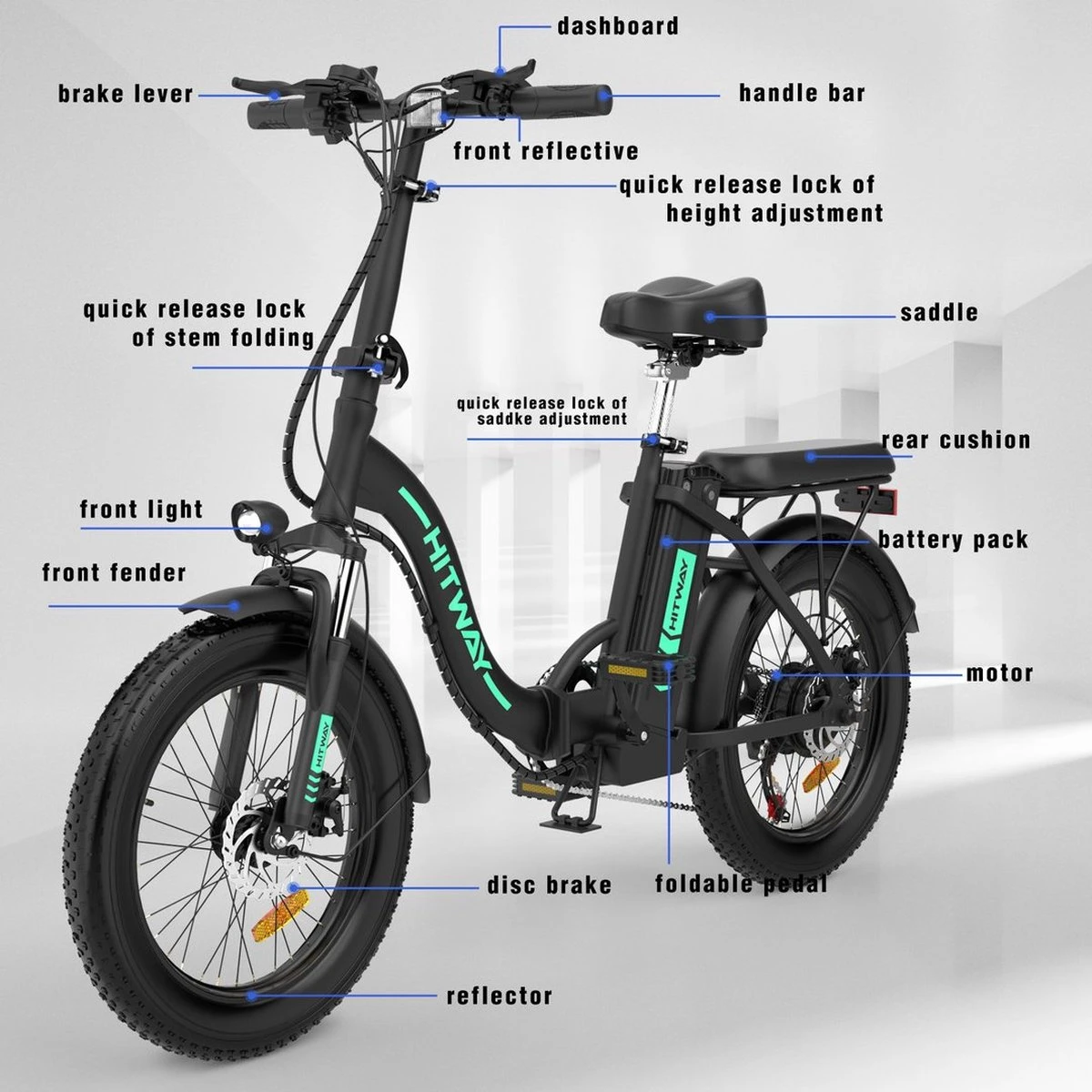HITWAY E-bike Elektrische Fiets 20" Vouwfiets Met Dikke Banden, 250W/36V/11,2Ah Accu, 35-90 Km, Offroad-mountainbike Met Shimano 7 Versnellingen, CityBike Voor Heren En Dames 5 HITWAY E-bike Elektrische Fiets 20" Vouwfiets Met Dikke Banden, 250W/36V/11,2Ah Accu, 35-90 Km, Offroad-mountainbike Met Shimano 7 Versnellingen, CityBike Voor Heren En Dames - Image 3